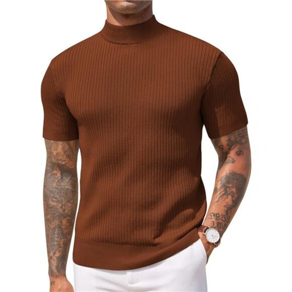 Men's Mock Turtleneck Sweater Short Sleeve Camel Brown - Picture 1 of 5